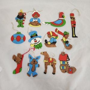 12 Flat Wooden Christmas Ornaments Vtg Snowman Bird Soldier Sled